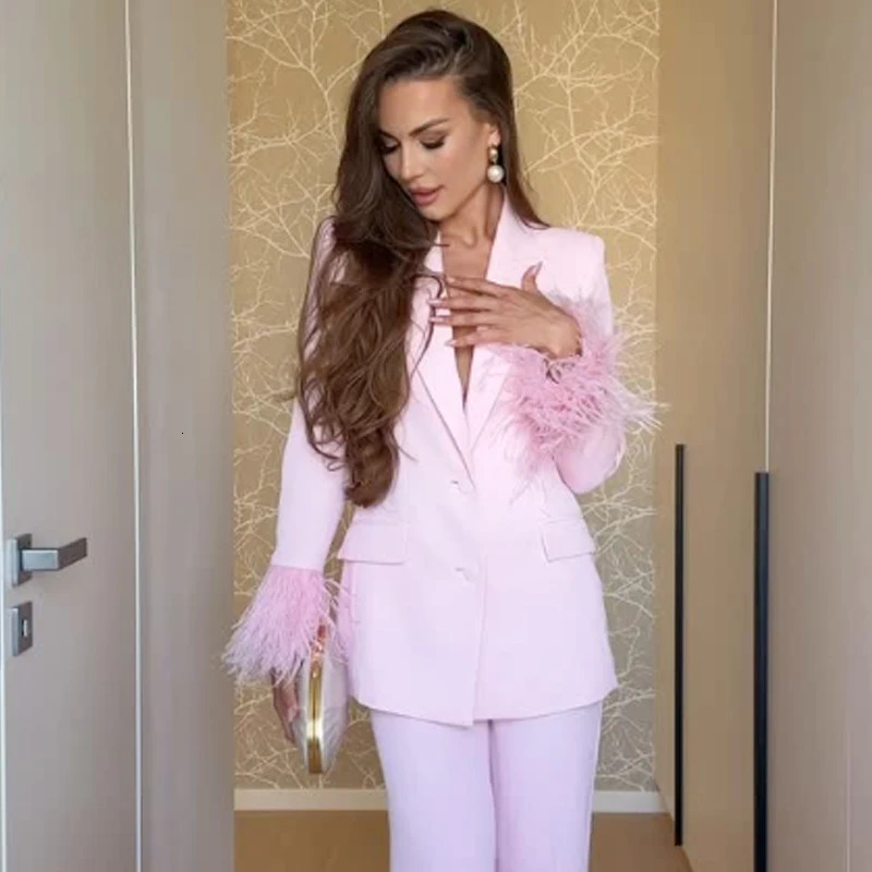 HXAO Pink Feather Blazer Woman Autumn Womens Suit Long Sleeve Fitted Jacket Office Wear Woman High Quality Womens Blazer 251104