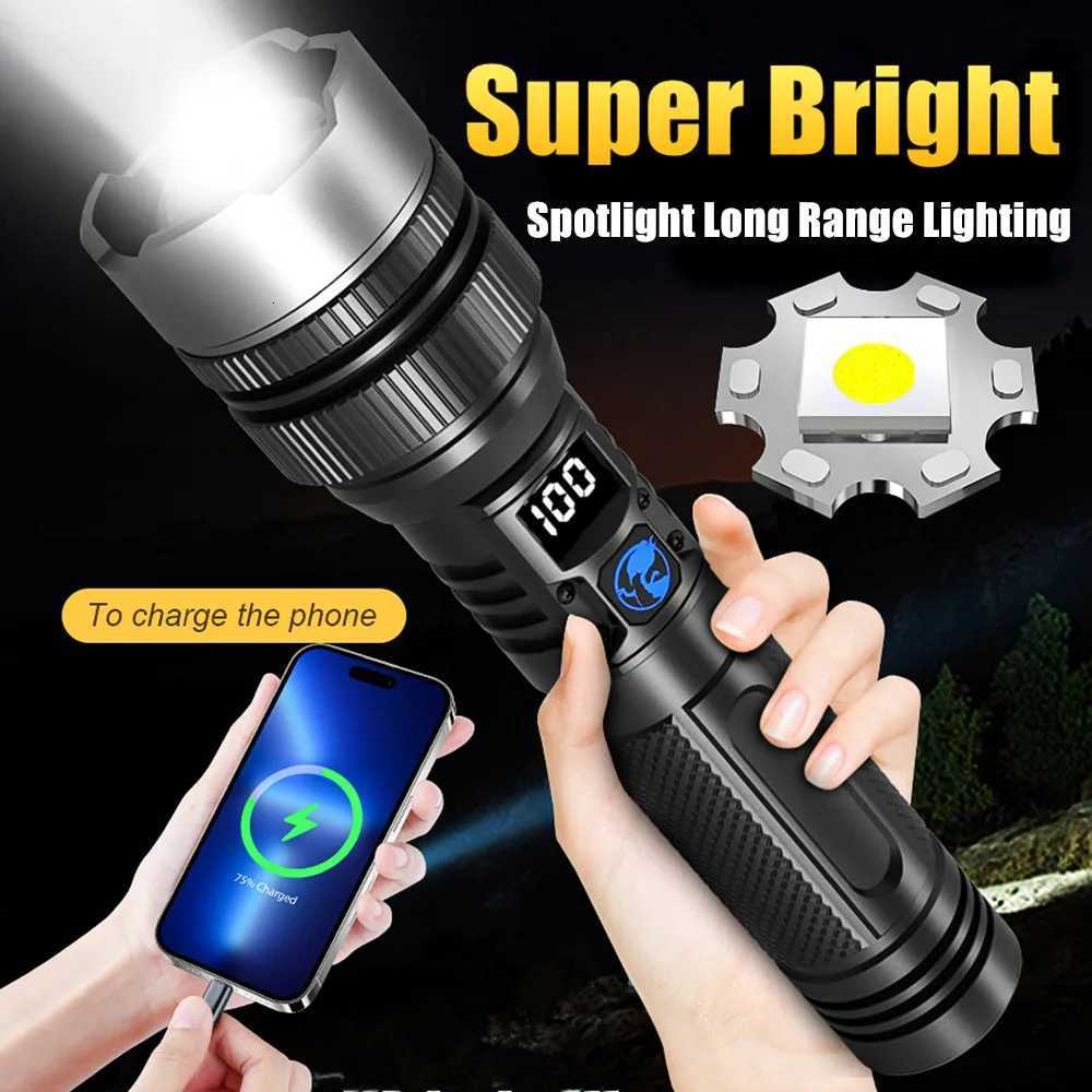 High Strong Power Led Flashlights 2000LM Tactical Torch with Display Light USB Charging Camping Fishing Emergency Zoom LanternW251106