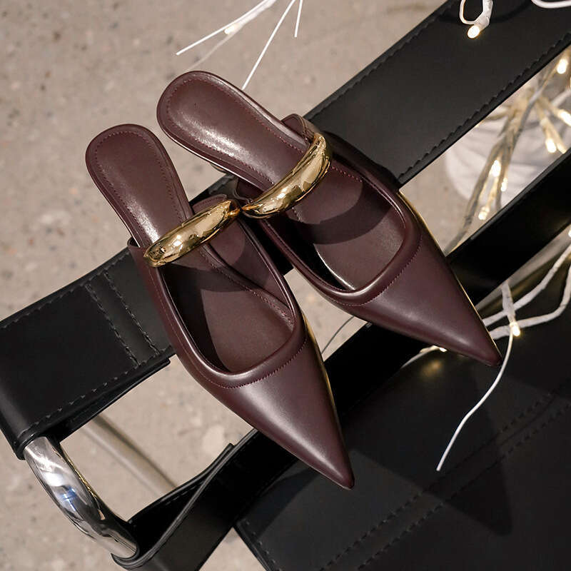 Minimalist Pointed Mules For Women, French Style, Chunky Mid Heel, Half Slippers, Metal Capped Toe, Open Free shipping Toe Sandals