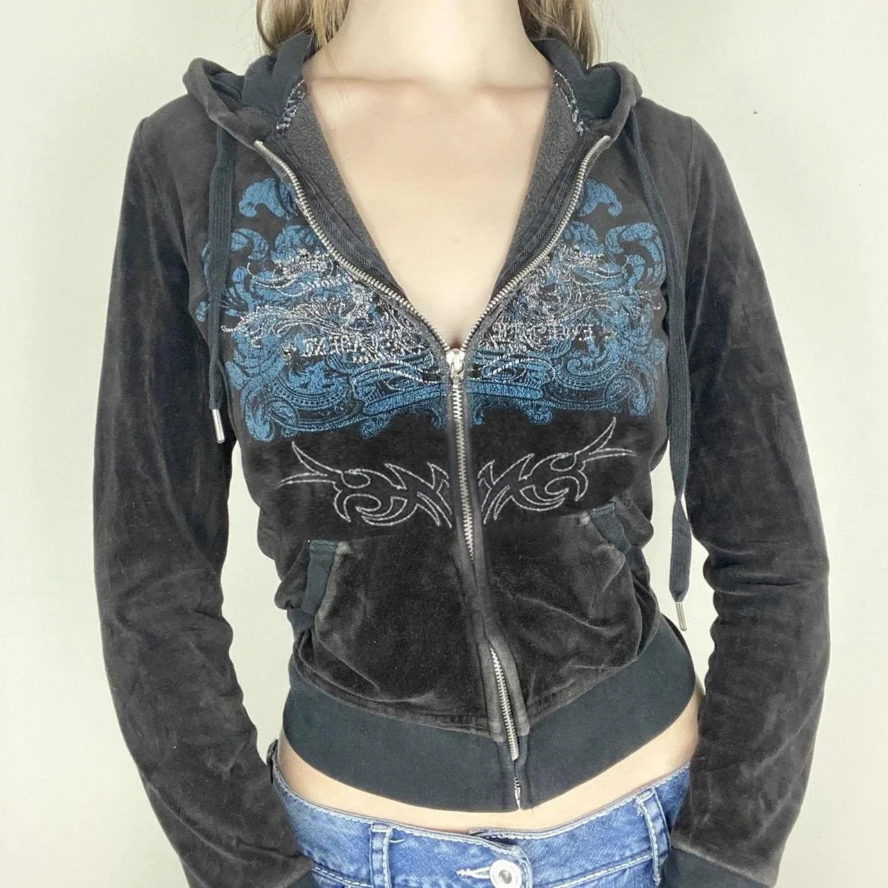 Womens jacket with rhinestone print pattern long sleeved hooded zipper suitable for Spring and Autumn Y2K retro Cardigan Gothic style 250403