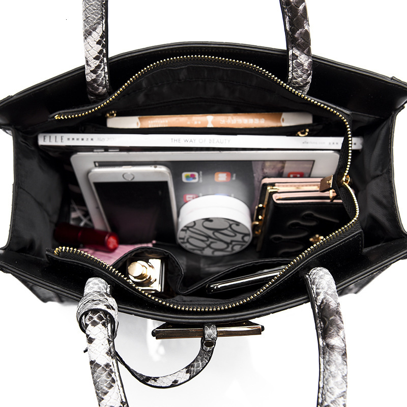 Snakeskin Pattern Design Bag For Women's Fashionable Large Capacity Tote Bag Commuting Black One-shoulder Crossbody Handbag