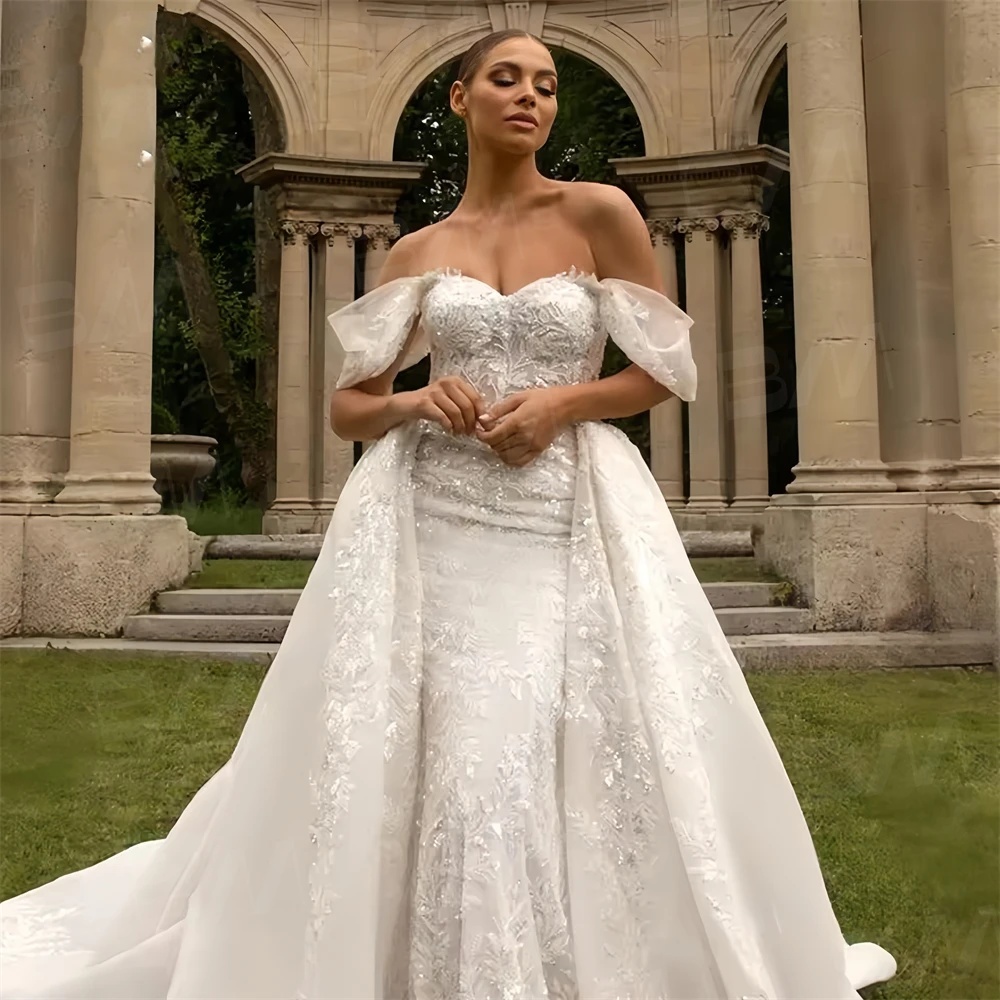 Classic A Line Women Wedding Dress Sweetheart Neck Off Shoulder Bridal Gowns Sequins Appliques Detachable Train Dress Custom Made