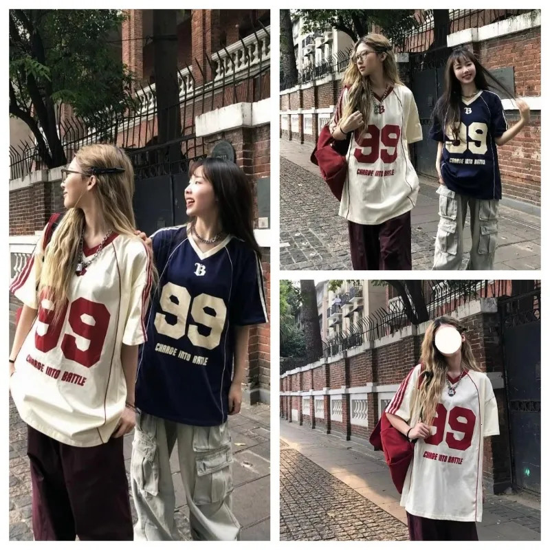 Retro loose sports Vneck Tshirt with striped letter printing oversized for womens streetwear hiphop casual Y2k top 250407