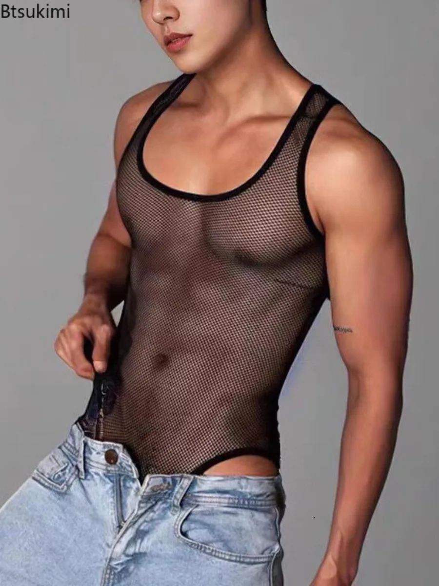 Fashionable mens sleeveless mesh jumpsuit vest breathable and sexy hollow appearance for casual home wear mens triangle tight fitting clothes 250403