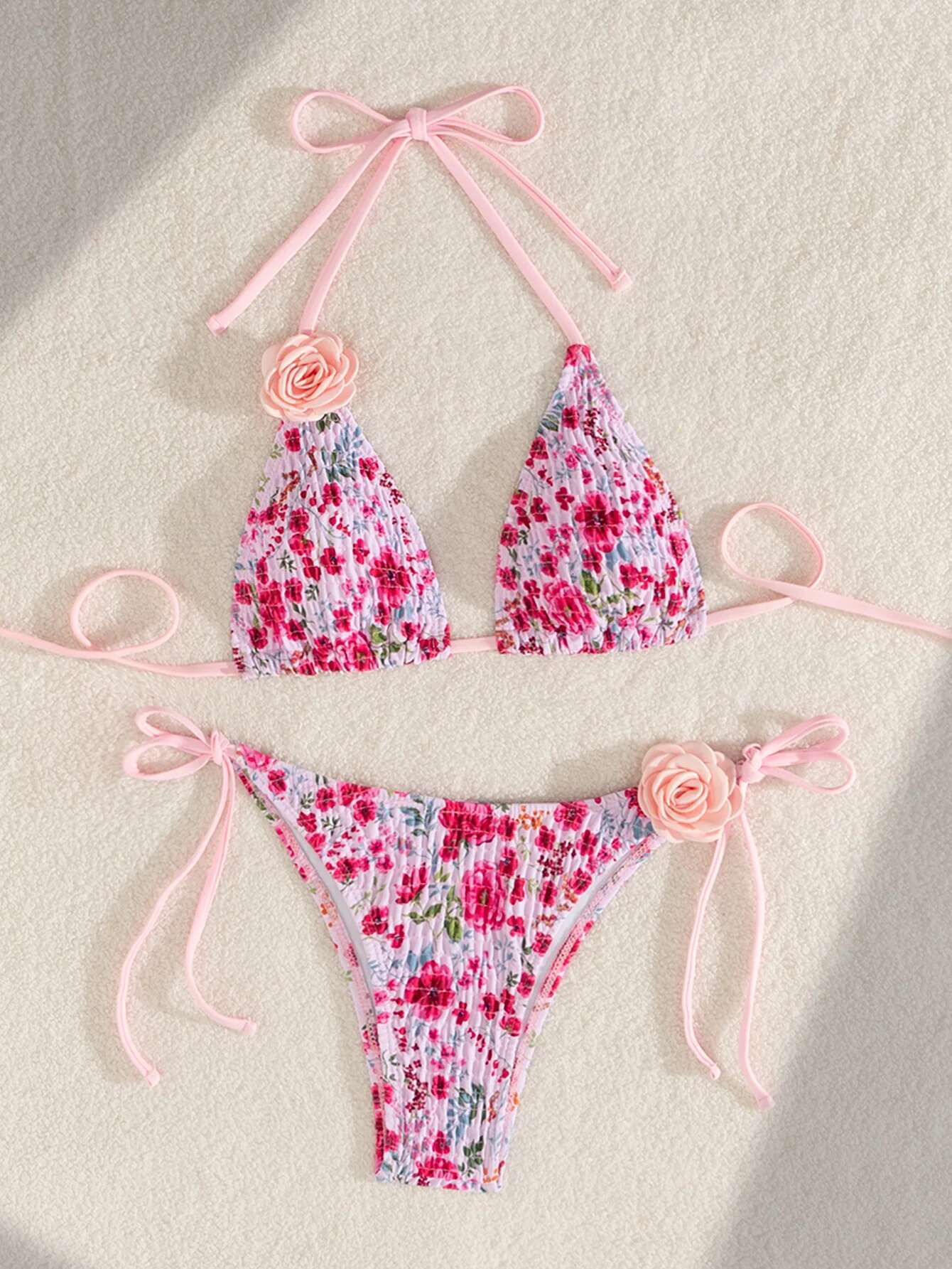 Dongdumaoyi Sexy Pink D Floral Designer Bikini Set Women Pleate Push Up Bra Tie Side Thong Swimsuit Beach Bathing Suit Micro Swimwear