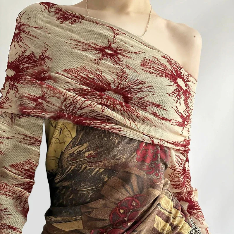 Retro Y2K aesthetic floral print slanted neck long sleeved Tshirt with mesh see through cut top for womens retro fashion 250407