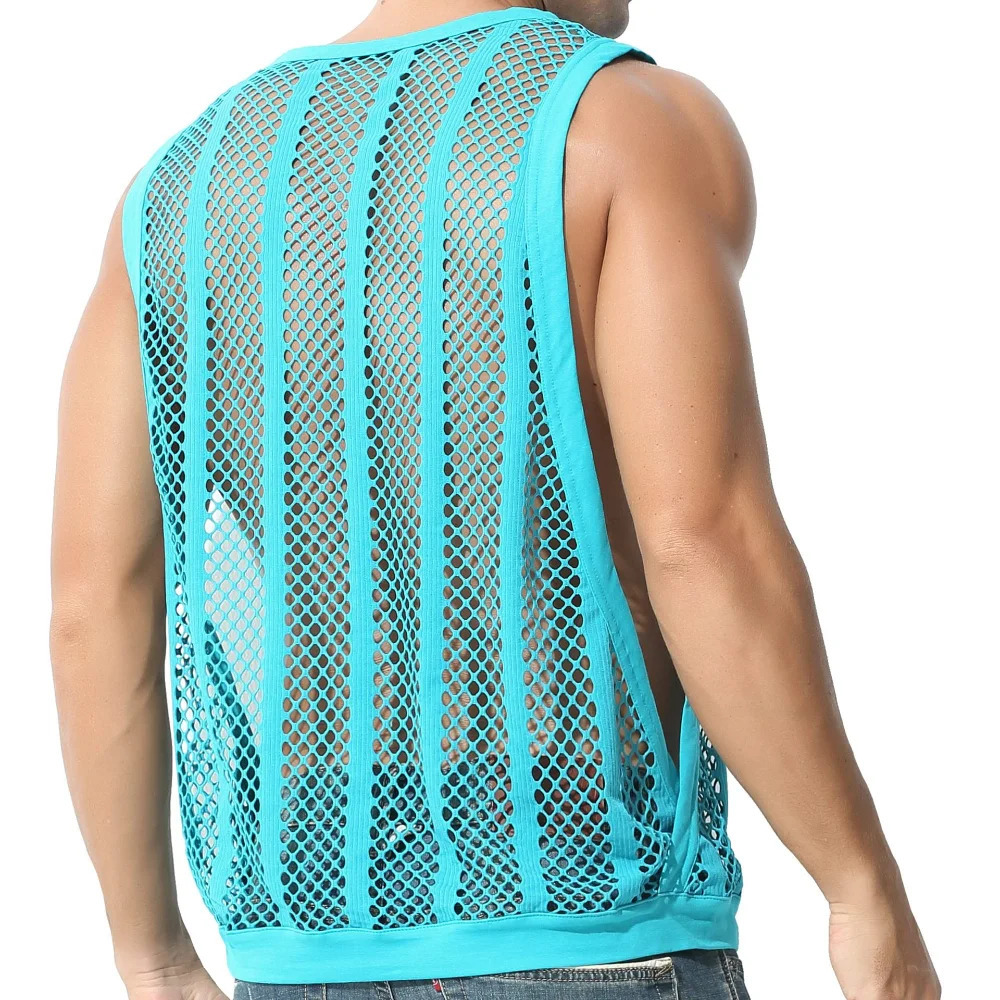 Elastic plus mesh top mens casual hollow sexy vest street clothing mens muscle tank top gym clothing 250403