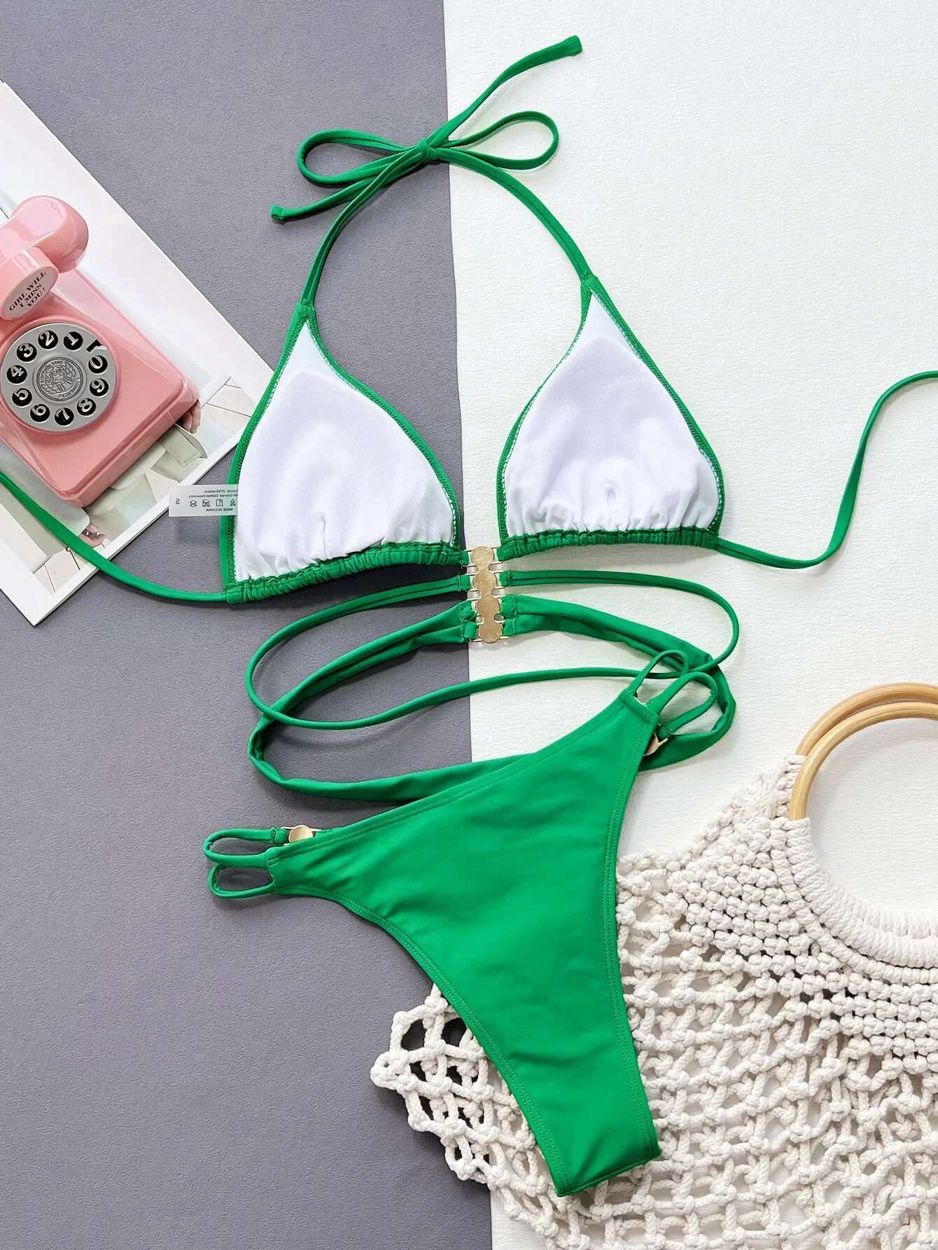 Dongdumaoyi Luxury Pearl Designer Bikinis Sets Women Solid Green Wrap Around Hollow Out Push Up Swimsuit Bathing Suit Triangle Swimwear