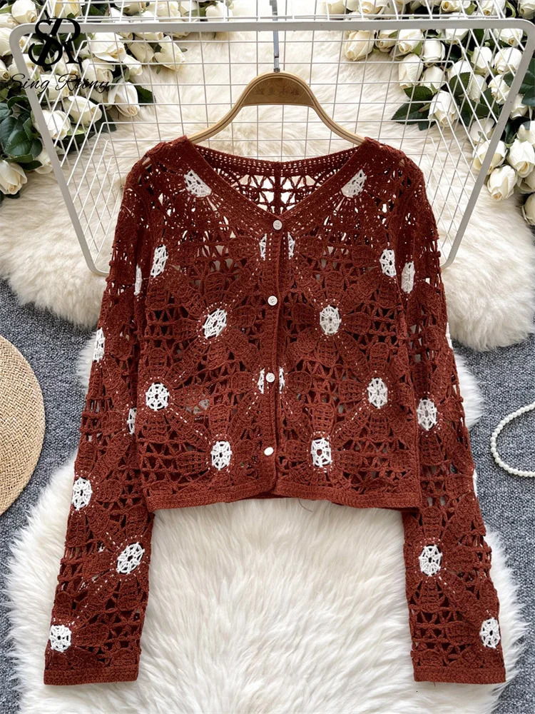 Singreiny Fashion Senior Beach Shirt Single Chest Full Sleeve Loose Coat Hook Flower Hollow Unique Knitted Casual Top 250407