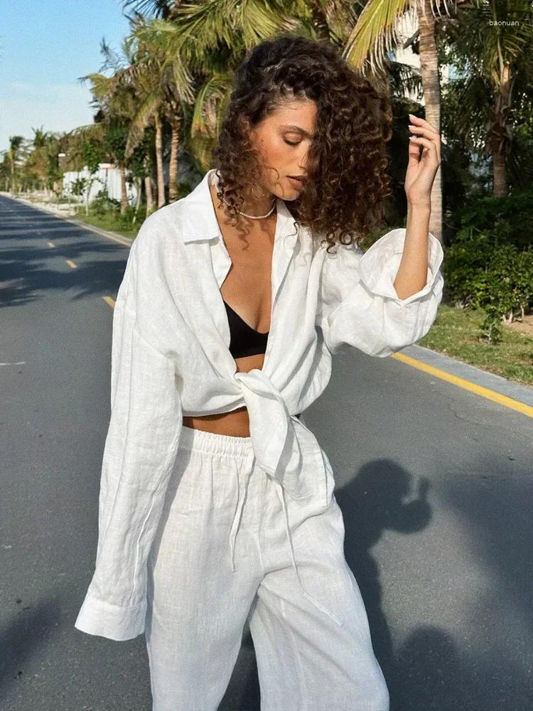 Womens Two Piece Pants Solid Loose Cotton Linen Shirt Suit Women Fashion Street Lapel Single Breasted Flax Outfits 2025 Summer Holiday Sets