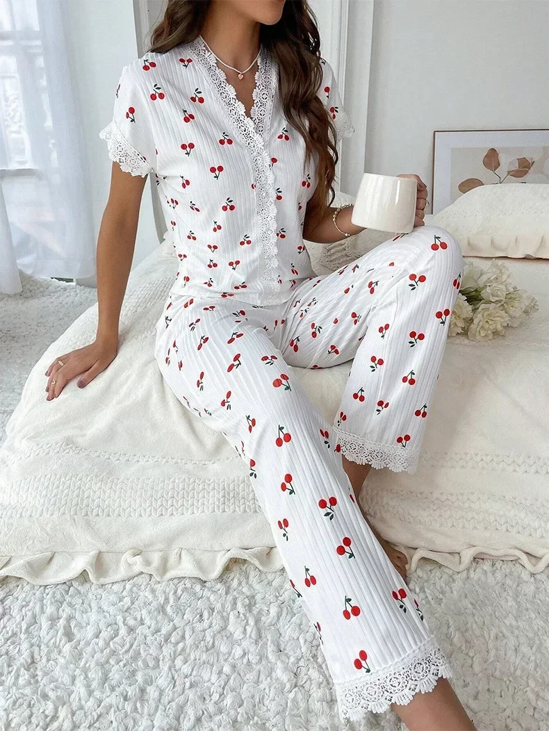 Lace Trim Women Pajama Set Short Sleeve Front Button Top FullLength Pants Cherry Print 2 Pieces Sleepwear Nightwear Homewear 250313