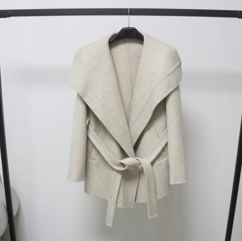 Large Lapel Elegant Style Double-Sided Wool Coat for Women New Autumn and Winter Tie-Waist Woolen Coat