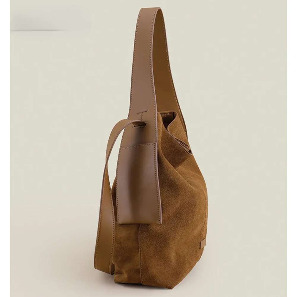 Ins Chic Slouchy Style Soft Touch Bucket Tote Big Genuine Suede Leather Women Shoulder Bag Matte Nubuck Office Ladies Handbag