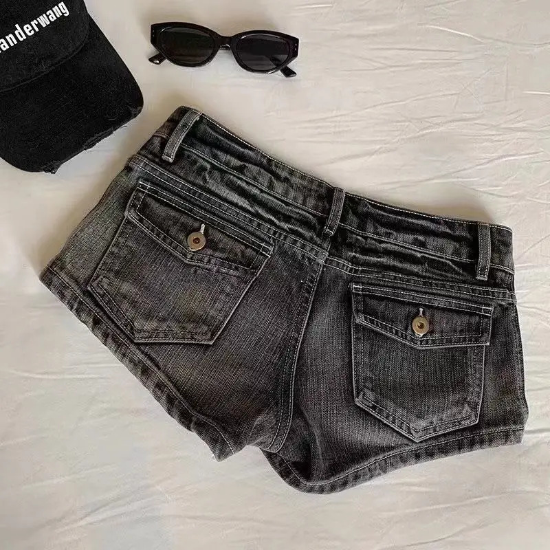 Vintage Denim Shorts Women Summer Black Grey Washed Low Waist Elastic Skinny Shorts Jeans 250407