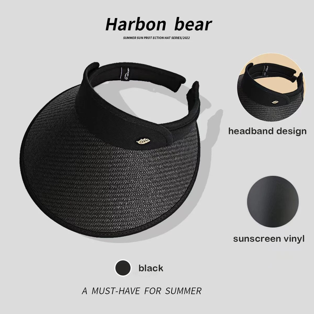 Womens Hat Summer Sun Empty Top Korean Edition Headband Black Rubber Beach Sunshine Screen Panama UTHAI S87 250326