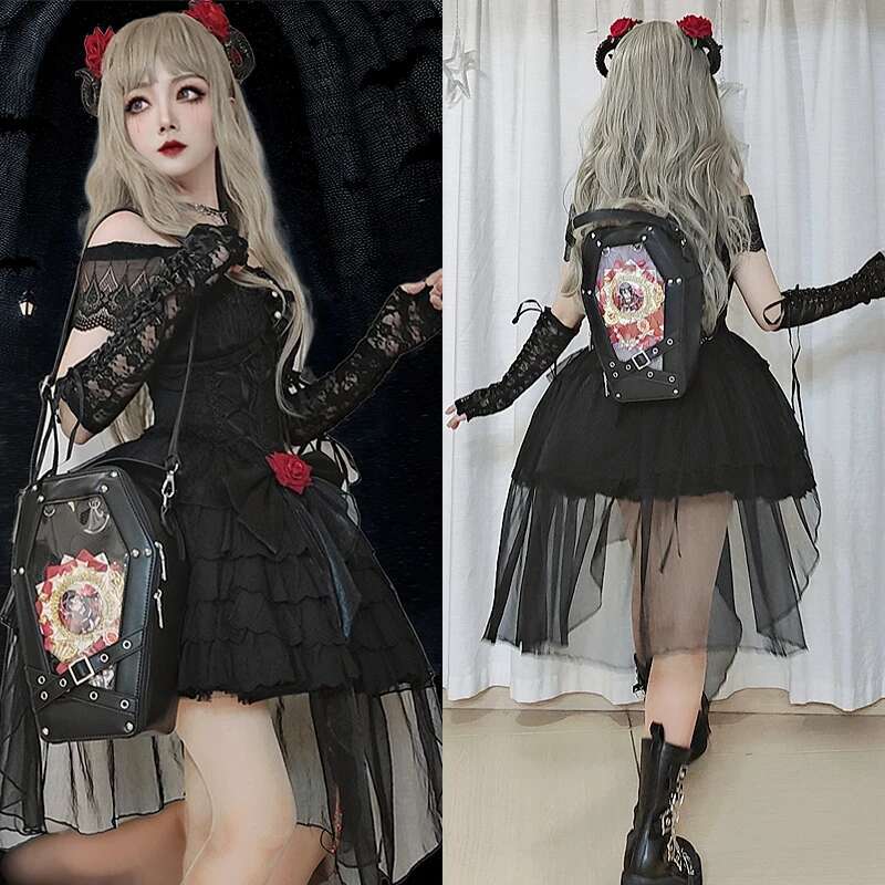 Helloween Goth Coffin Women Backpack Dark Punk Ita Crossblsy Bags For Girls Student Clear Window Black Shoulder Bag Female Purse
