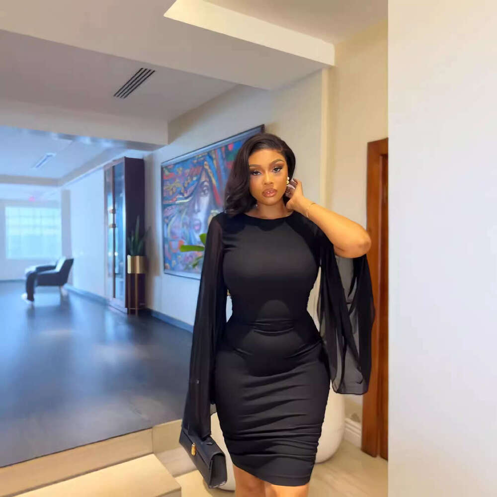 Cross-Border Women's Fashion 2025 Autumn New Solid Color Round Neck Flared Sleeve Sexy Backless Bodycon Dress