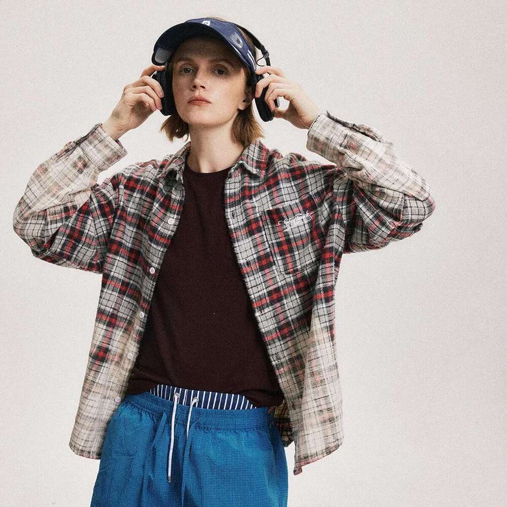 Gradient Dyed Plaid Long Sleeve Mens Pocket Embroidery High Street Lapel Single Breasted Shirts Men Cotton Tops