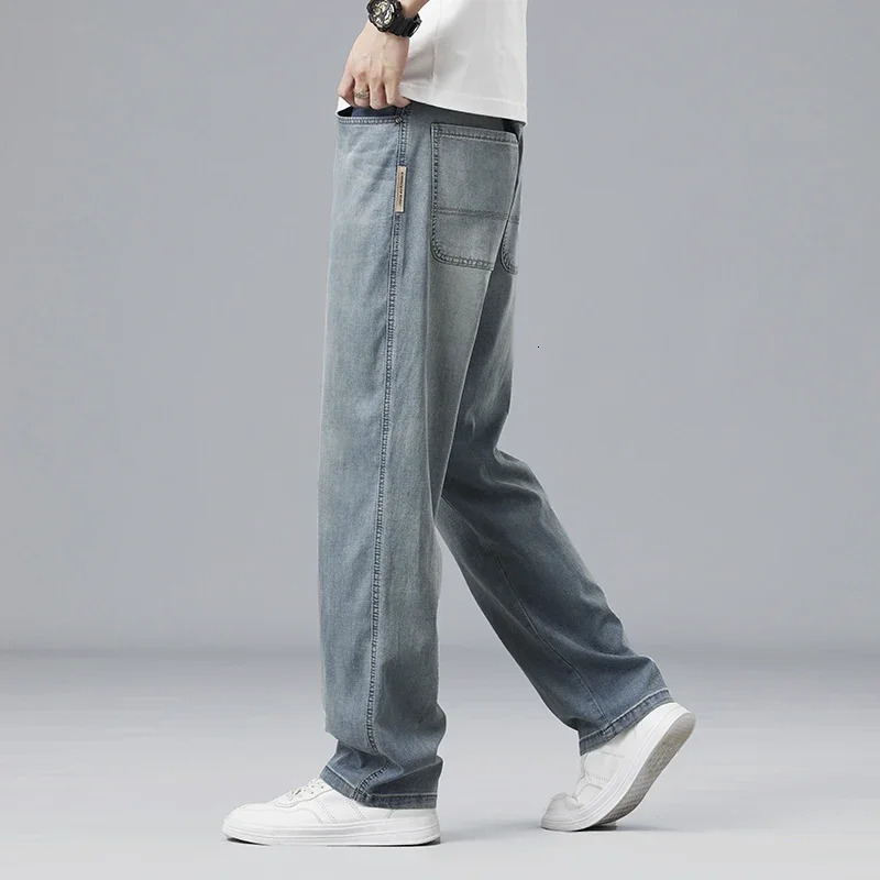 Lyocell ultrathin summer mens jeans elastic ice silk dress soft loose pants straight casual denim clothing Trouser 250401