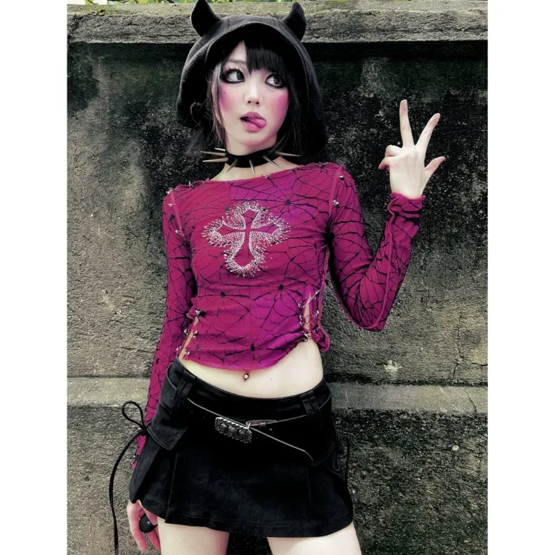 Sexy girl slim suitable for iron diamond cross highquality long sleeved Tshirt women Harajuku casual Gothic top 250407