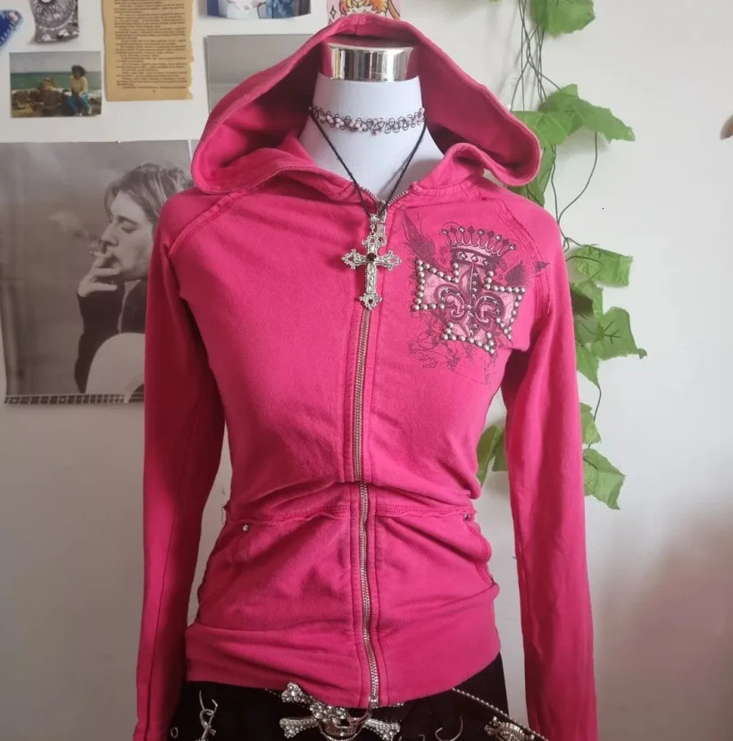 Y2K Fashion Zipper Retro Printed Hoodie Womens Harajuku Street Design Exquisite Diamond American Casual Jacket 250403