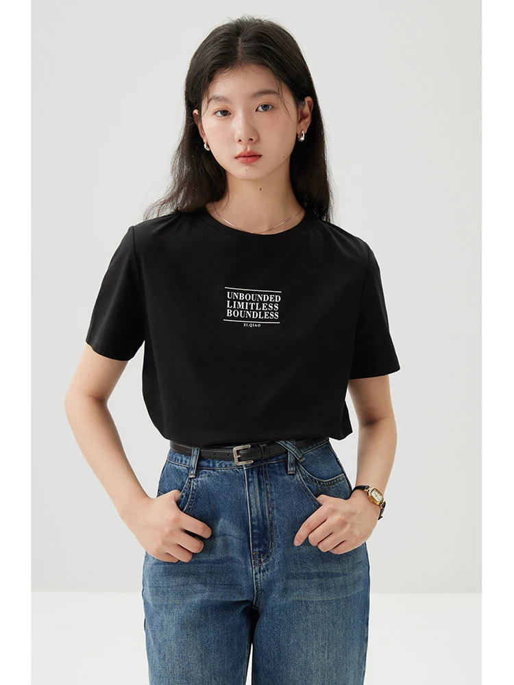 ZIQIAO full matching style letter short sleeved womens Tshirt springsummer round neck top 250407