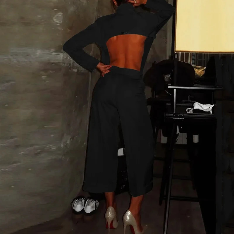 Wefads 2piece womens matching set fashionable long sleeved solid collar single chest button backless shirt straight pants 250407