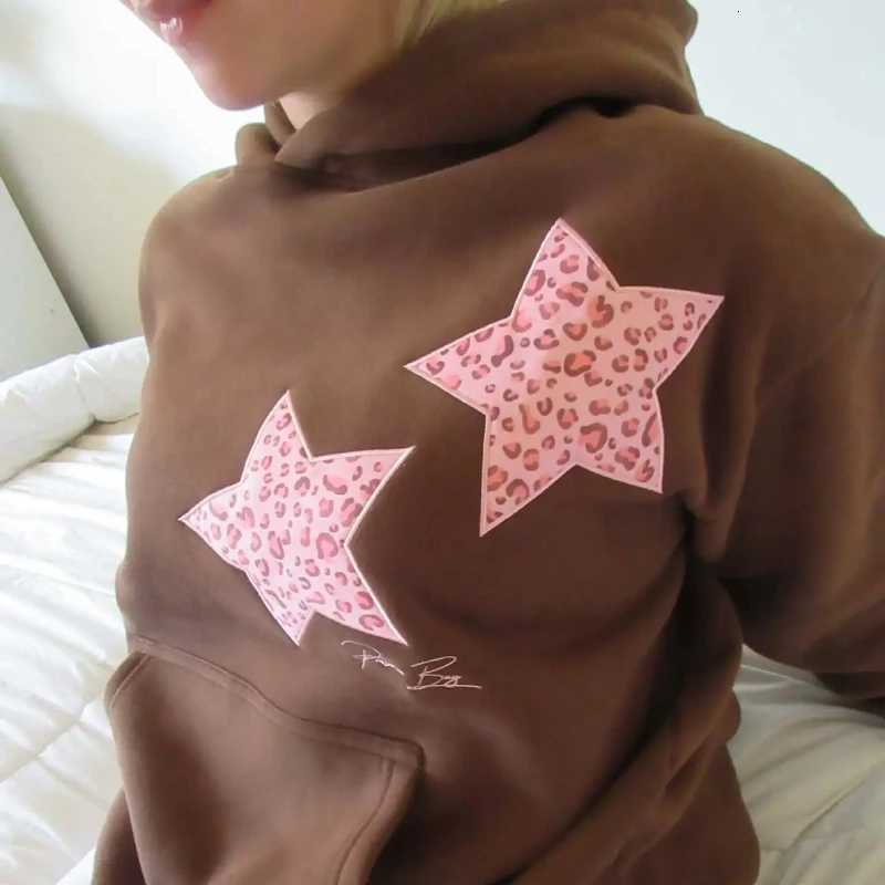 Unique Gray Leopard Print Contrasting Five Pointed Star Print Loose Hooded Pocket Hoodie Girls Autumn Winter Loose Pullover TopY251107