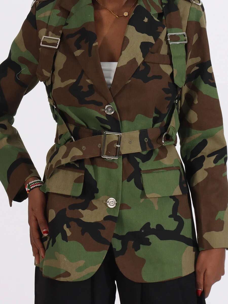 VGH Hit Color Camouflage Spliced Belt Jackets For Women Notched Collar Long Sleeve Patchwork Button Casual Coats Female Style