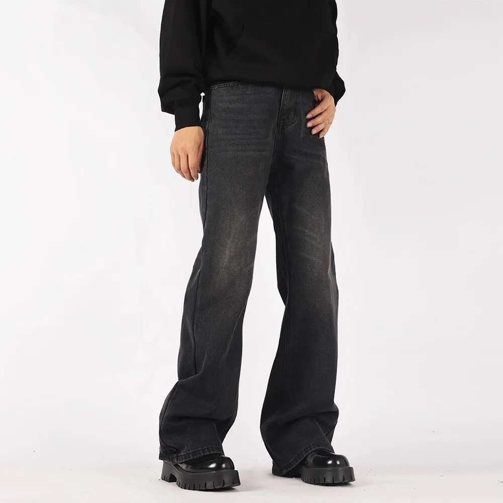 Letter Embroidery Flare Denim Pants Washed Distressed High Street Loose Jeans Men Trousers