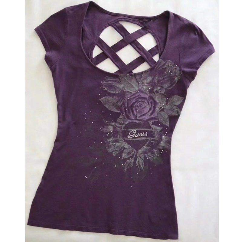 American retro hollow n purple rose print Tshirt womens clothing Y2K millennium street girl casual Harajuku ultrathin top 250311