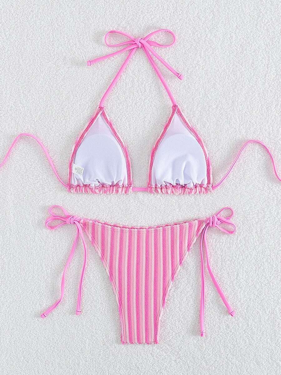 Dongdumaoyi Sexy Pink Stripe Bikini Set Women Halter Push Up Bra Tie Side Triangle Swimsuit Brazilian Beach Bathing Suit Micro Swimwear