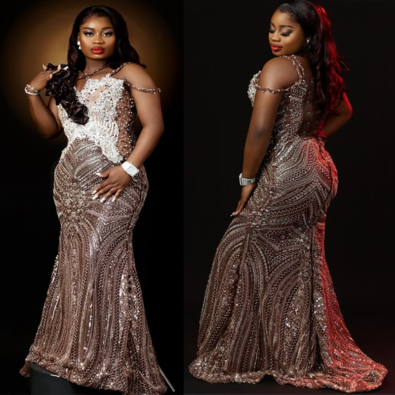 2025 Plus Size Brown Prom Dress Mermaid Prom Dresses Evening Formal Gowns Spaghetti Straps Beaded Lace For Black Women Birthday Second Reception Gowns