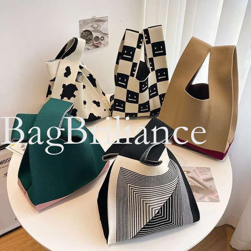 Handmade Knit Handbag Women Mini Knot Wrist Japanese Casual Color Wide Stripe Plaid Tote Bag Student Reusable Shopping Bags