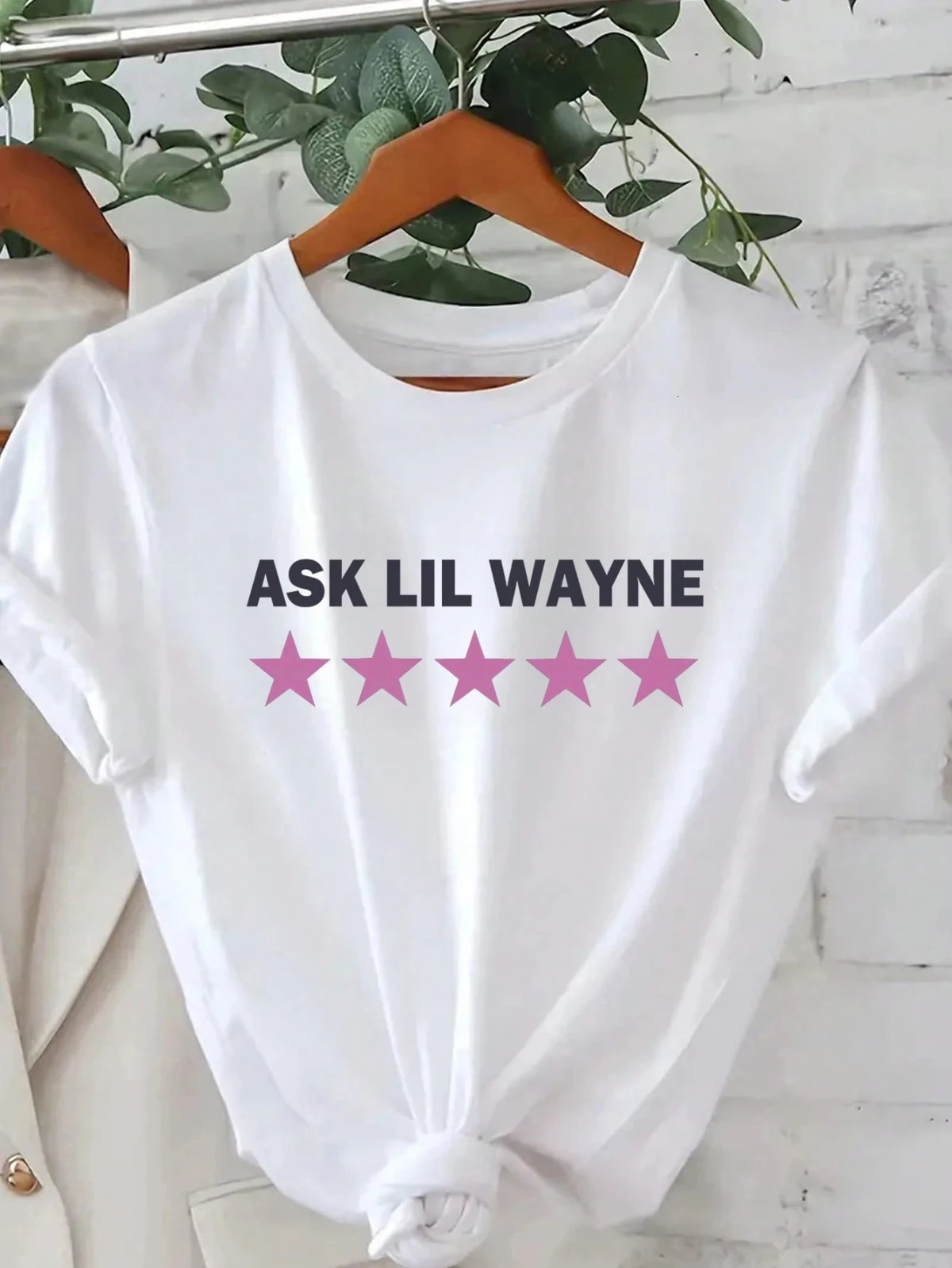 Inquire about Lil Waynes womens graphic slogan and Pentagram printed round neck short sleeved casual Tshirt 250407