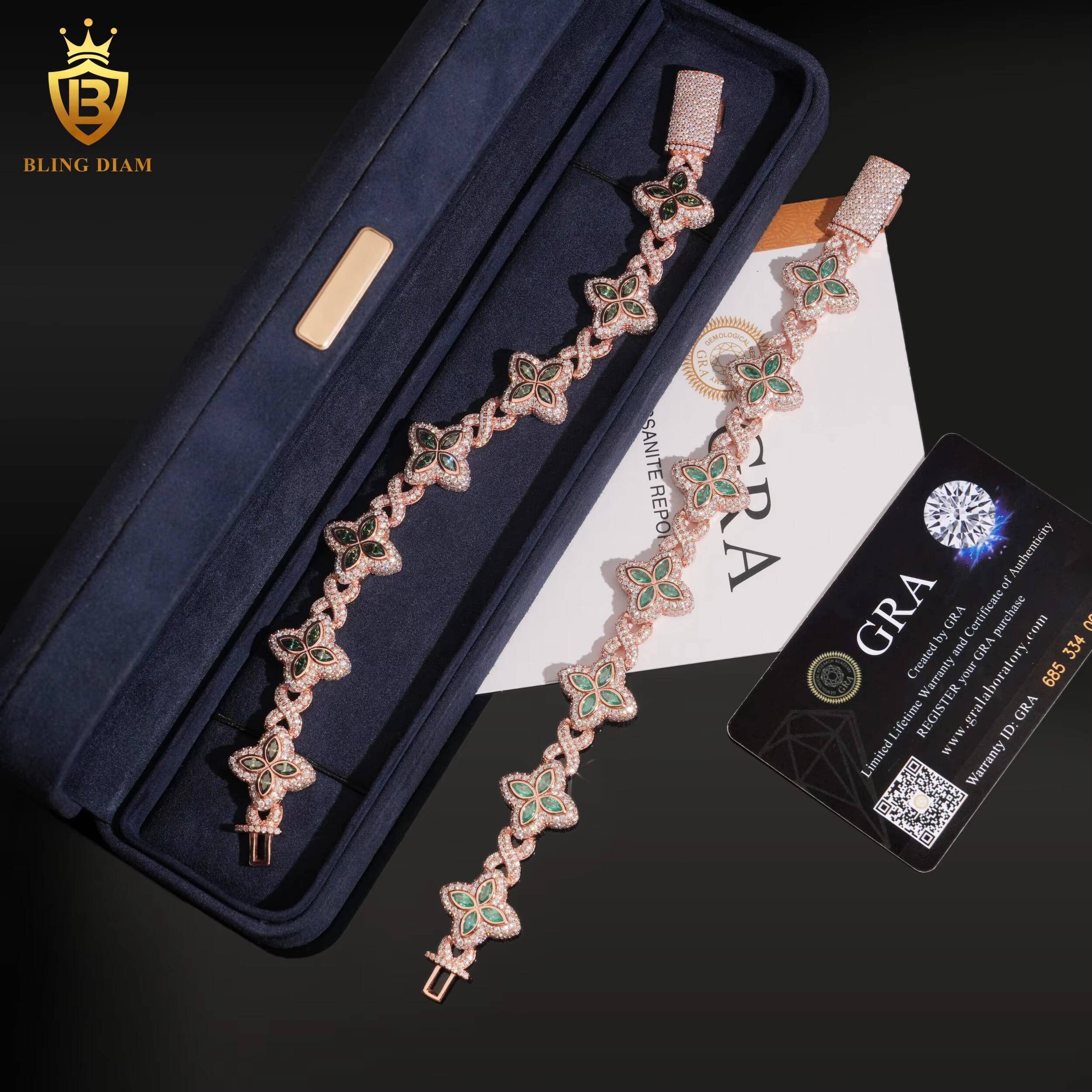 Moissanite Bracelet Rose Gold Plated 18mm Marquise Cut Green Moissanite 925 Silver Chain Bracelets Bangles Fashion Jewelry