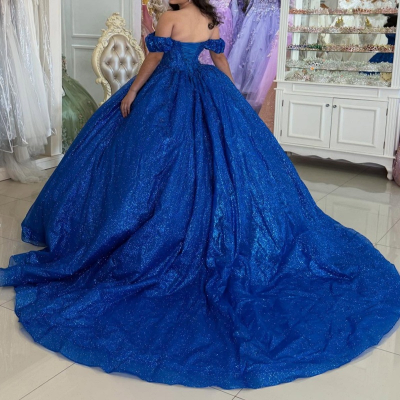 Royal Blue Shiny Princess Quinceanera Dresses Off Shoulder Beading Crystal Tull Corset Sweet 16 Dress Ball Gown Vestidos 15 Anos