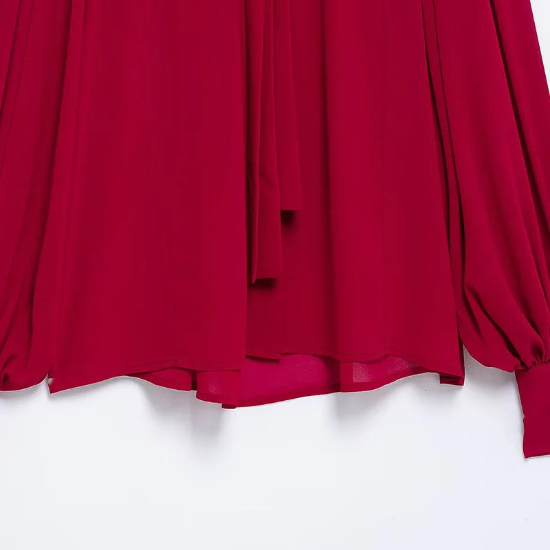 Willshela womens fashionable red bow lace pleated single chest shirt retro Oneck long sleeved 250407