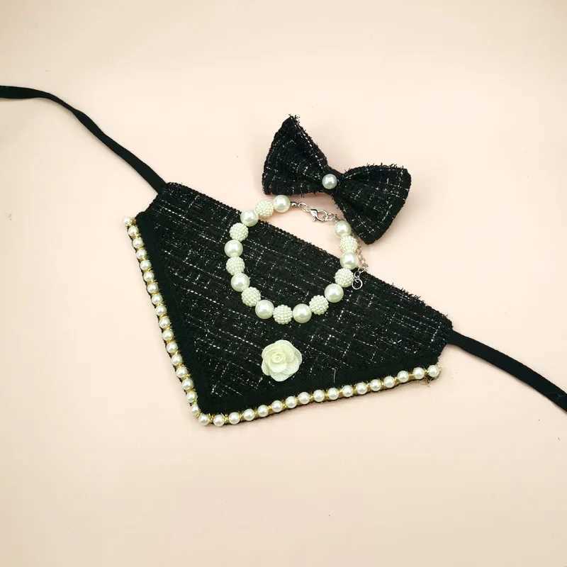 High Quality Pet pearl necklace dog bib cat supplies dog coarse cloth Saliva towel triangular scarf bow tie dog bandage pet accessories T250407
