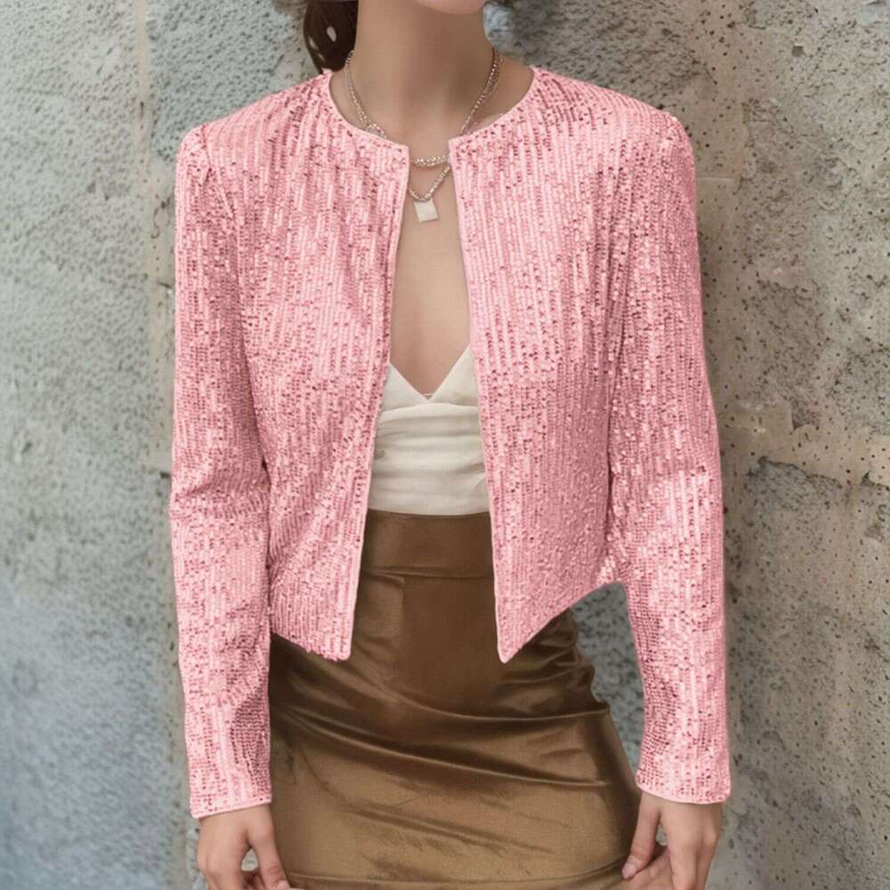 2025 Spring Cross-Border Hot-Selling Round Neck Long Sleeve Solid Color Cardigan Casual Versatile Sequin Jacket for Women