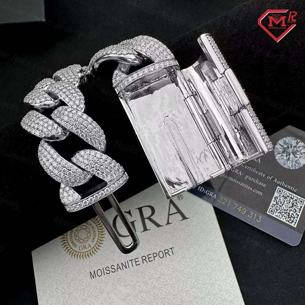 Hiphop Jewelry Moissanite Cuban Chain Bracelet Custom Clasp 925 Sterling Silver Iced Out 24mm Moissanite Bracelet
