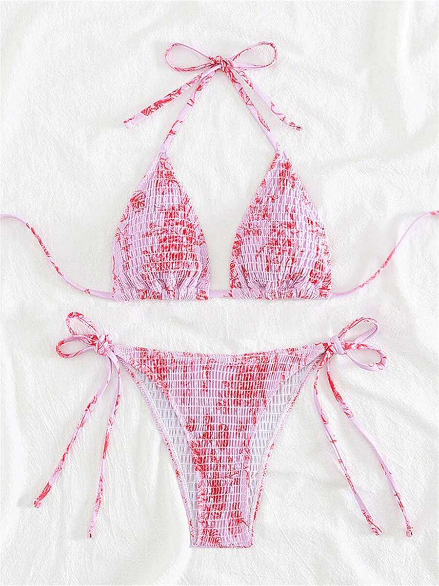 Dongdumaoyi Sexy Pleate Bikinis Sets Women Pink Floral Print Push Up Bra Micro Swimwear Brazilian Bathing Suit Tie Side Thong Swimsuit