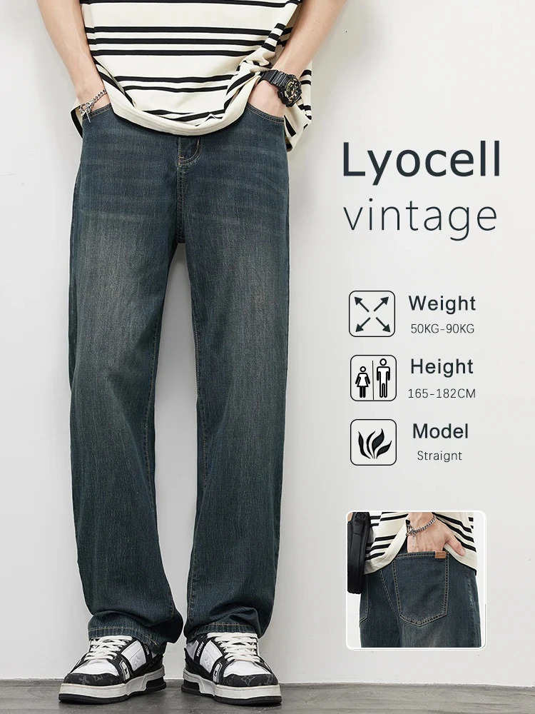 mens straight retro jeans soft Lyocell casual Trouser personalized highquality Korean fashion bagged 250401