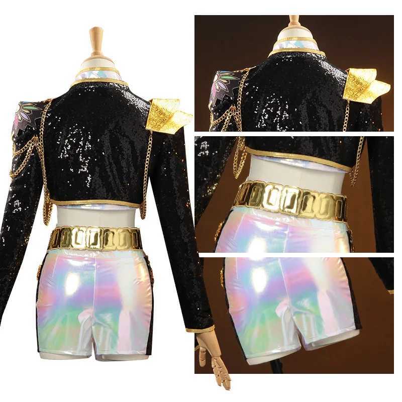 Anime KPop Rumi Cosplay Black Gold Reflective Performance Costume Cosplay Purple Wig Woman Christmas Halloween Party Uniform W251107