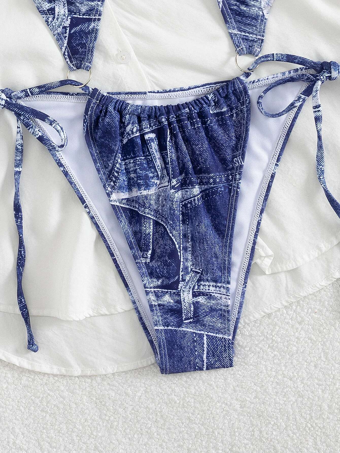 Dongdumaoyi Sexy Jean Bikinis Sets Women Halter Metal Ring Hollow Out Bandage Crop Top Thong Swimsuit Beach Bathing Suit Micro Swimwear