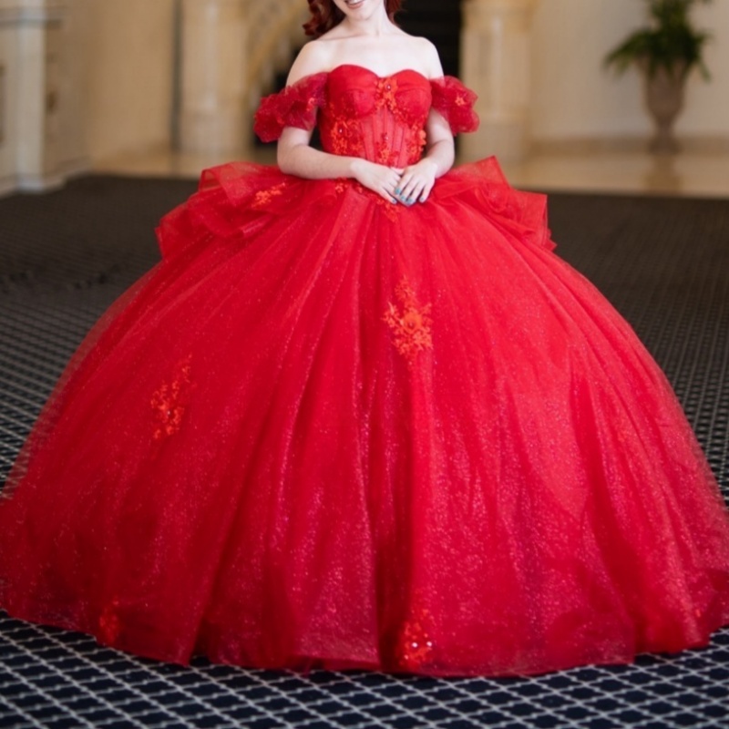 Red Shiny Princess Quinceanera Dresses Off Shoulder Appliqued Beads Tull Corset Sweet 16 Dress Ball Gown Vestidos De XV 15 Anos