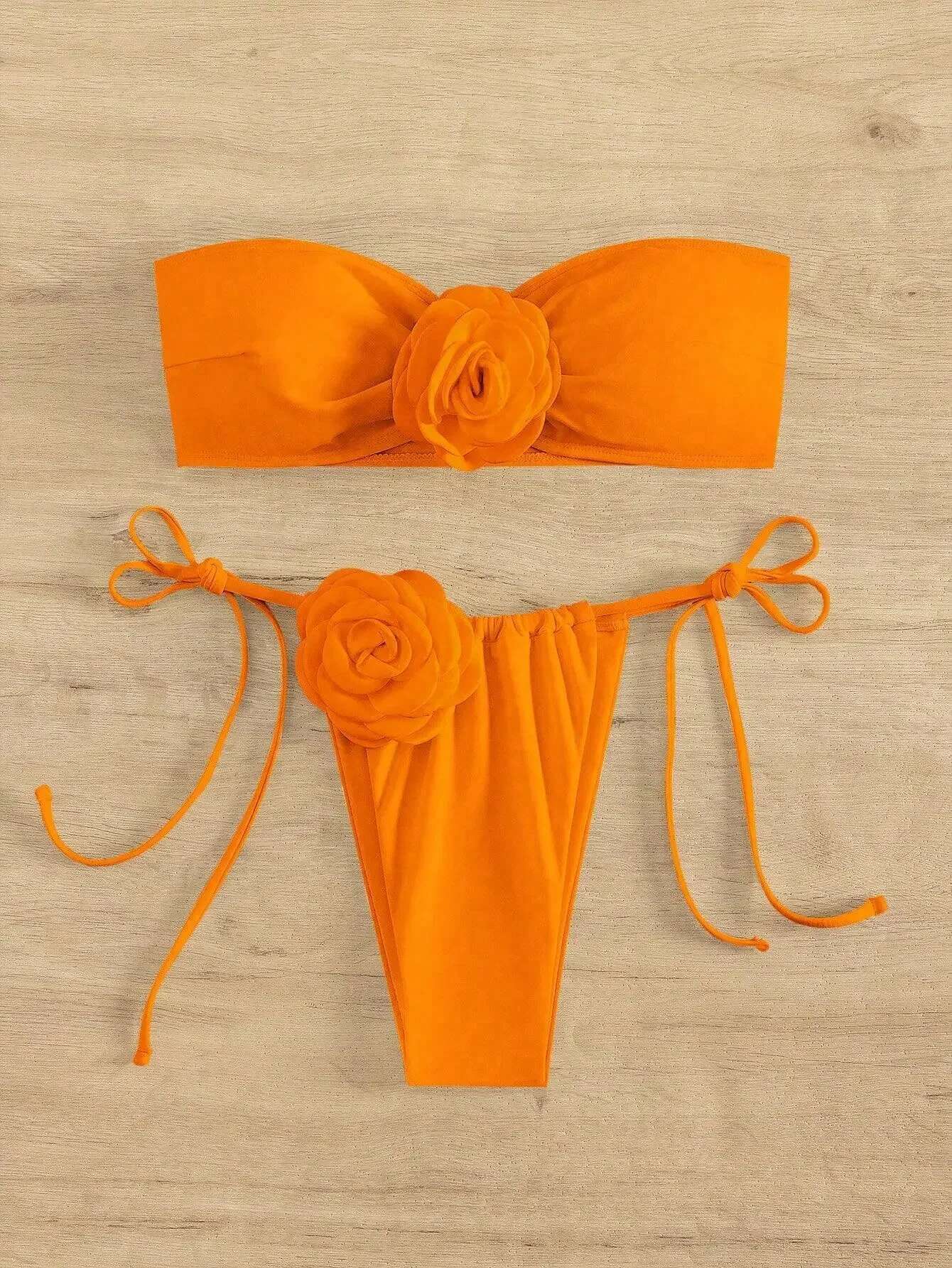 Dongdumaoyi Bikini Swimsuit Women D Flower Designer Bikinis Sets Solid Orange Bandeau Push Up Beach Bathing Suit Thong Swimwear