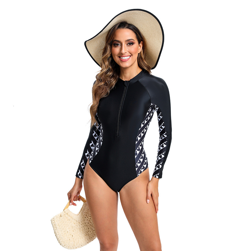 Fashion sports beach snorkeling surfing suit women's long sleeved zipper jumpsuit triangle tight swimsuit