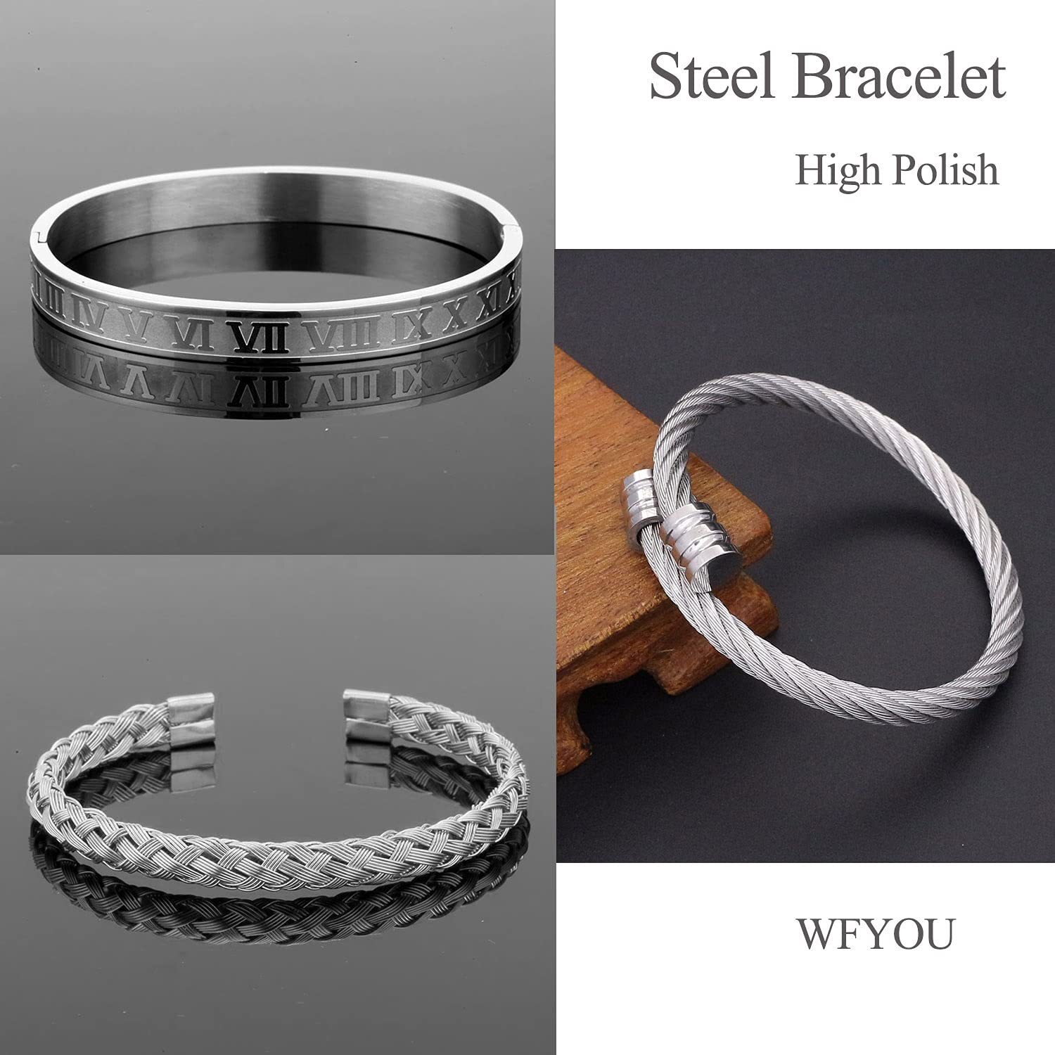 3-piece combination stainless steel woven for men, Roman numeral bracelet, twisted rope adjustable cuff bracelet