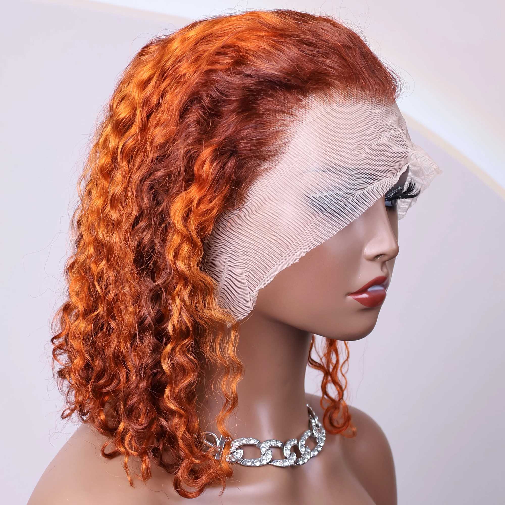 4350 Highlight Color Short Bob Wigs Water Wave 13x4 Lace Frontal Wigs Brazilian Human Hair Deep Curly Wigs Ombre Ginger Color W251107